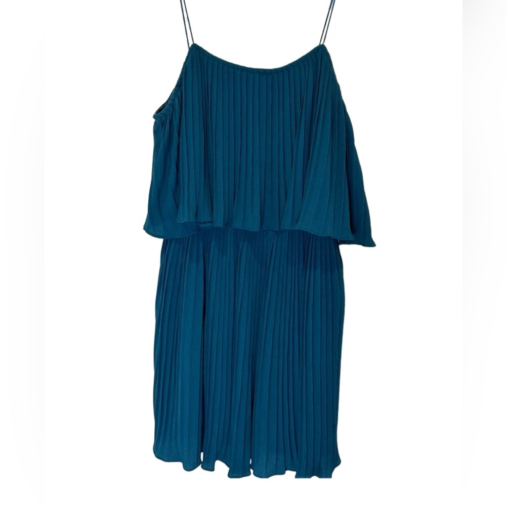 She + Sky mini cocktail dress pleated tiered spaghetti strap lined blue M